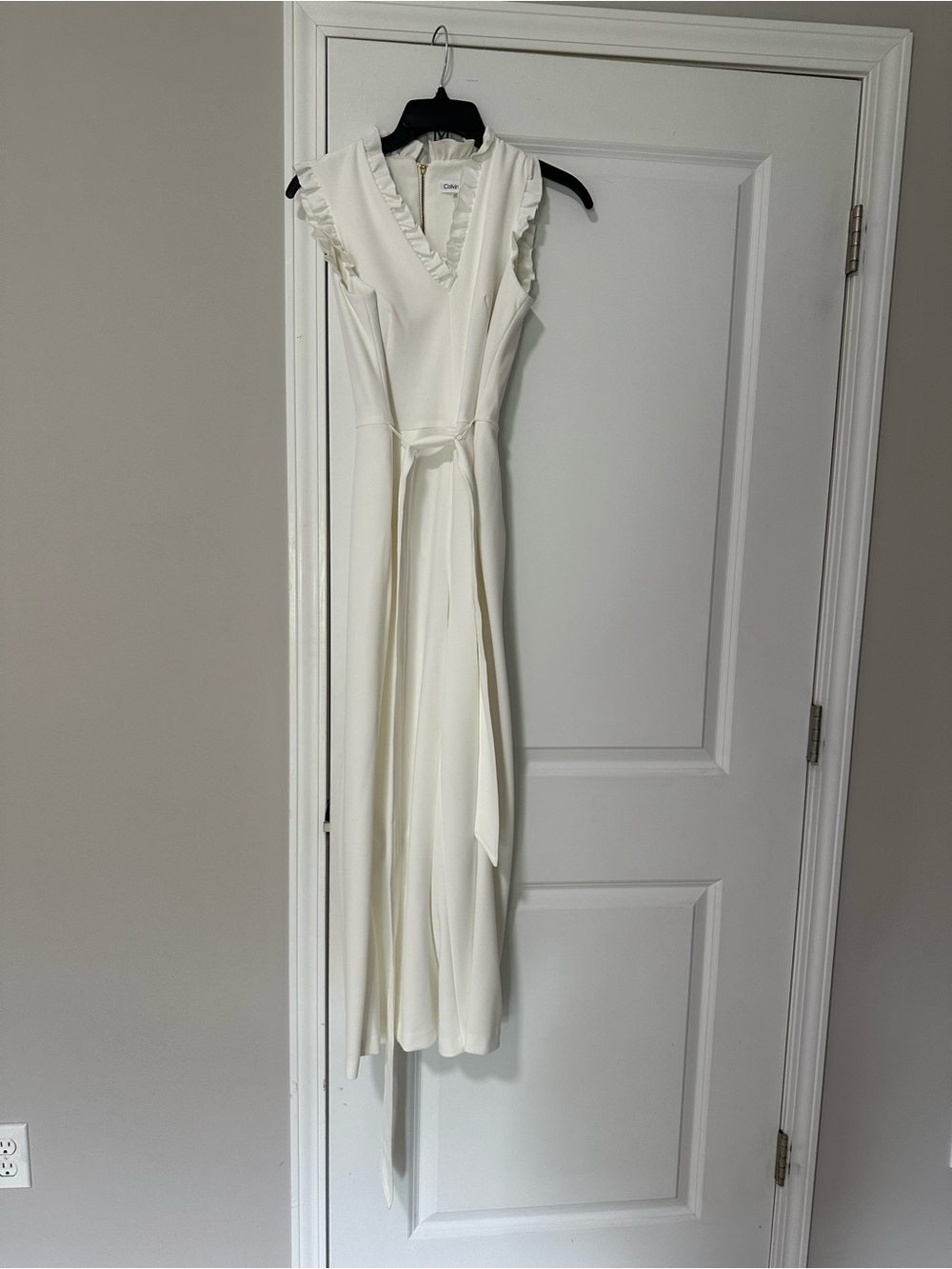 Calvin Klein White Ruffled V-Neck Jumpsuit